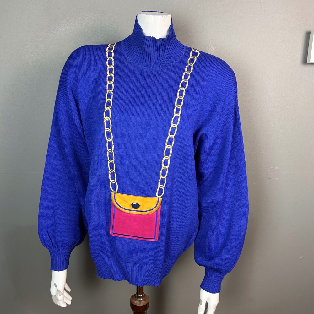St. John Santana sweater Medium Novelty Blue Mock Neck Chain Embroidered VTG